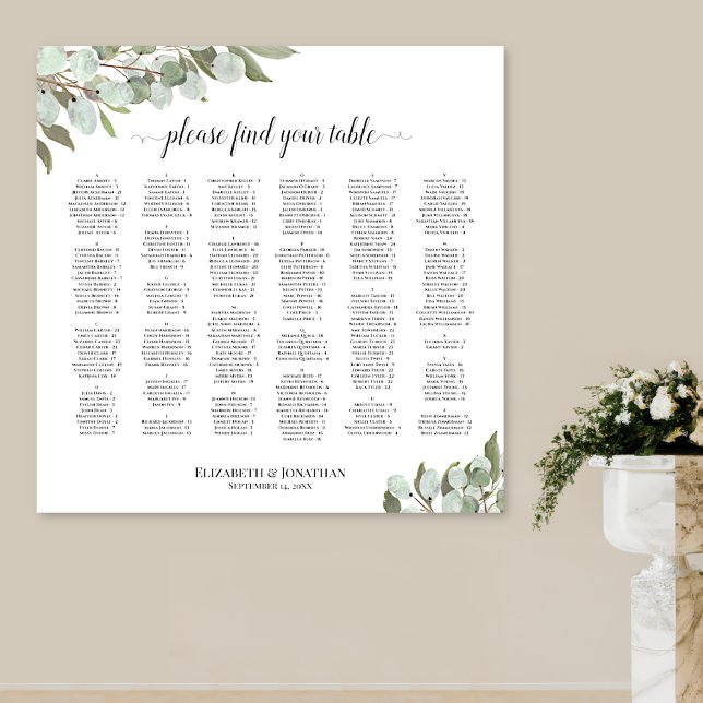 Eucalyptus Greenery Alphabetical Seating Chart (In Situ on Wall with Pedestal Vase)