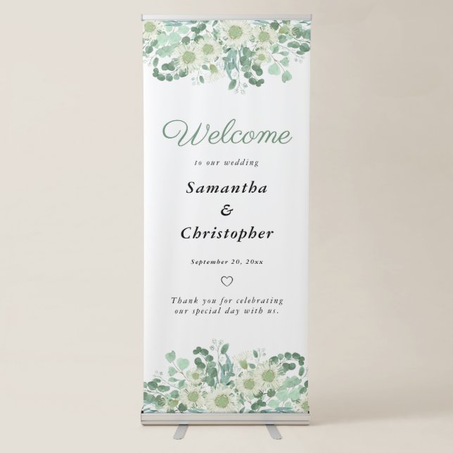 Eucalyptus Greenery and Blossoms Wedding Welcome Retractable Banner (Front)