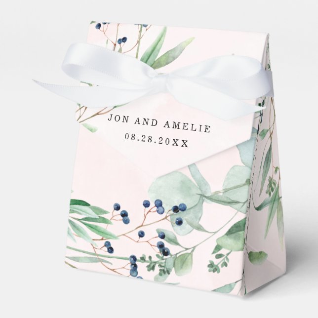 Eucalyptus Greenery and Blush Pink Wedding Favor Boxes (Front Side)