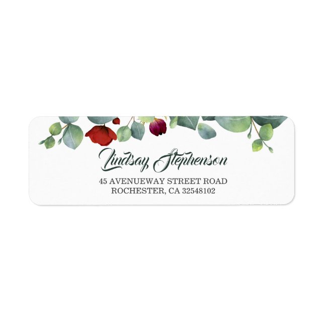 Eucalyptus Greenery and Burgundy Red Flowers Label (Front)