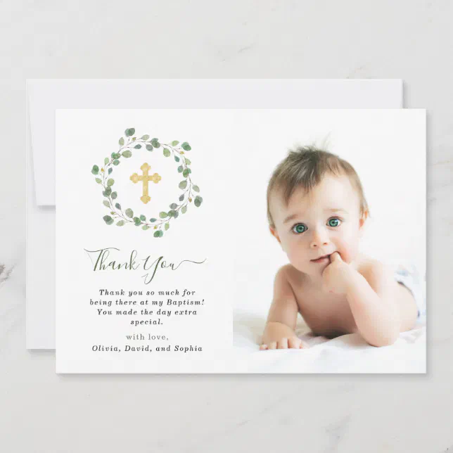 Eucalyptus Greenery and Cross | Baptism Photo Thank You Card | Zazzle