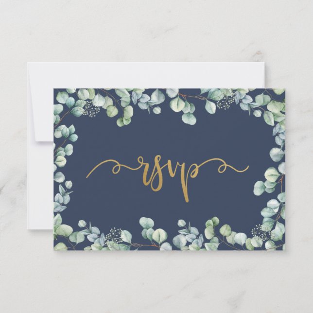 Eucalyptus Greenery and Gold Wedding RSVP Card (Front)