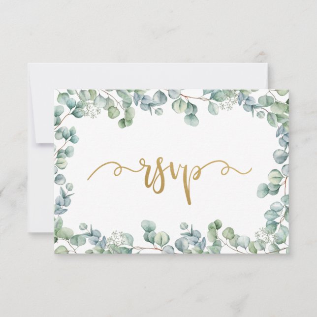 Eucalyptus Greenery and Gold  Wedding RSVP Card (Front)