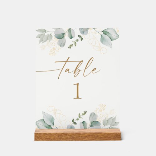 Eucalyptus Greenery and Gold Wedding Table Number Acrylic Sign