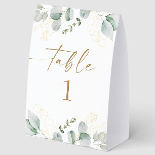 Eucalyptus Greenery and Gold Wedding Table Number Paper Table Tent