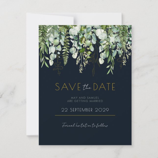 Eucalyptus Greenery and Navy Save the Date invite (Front)