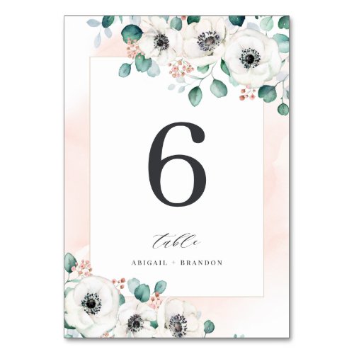 Eucalyptus greenery anemone floral wedding  table number