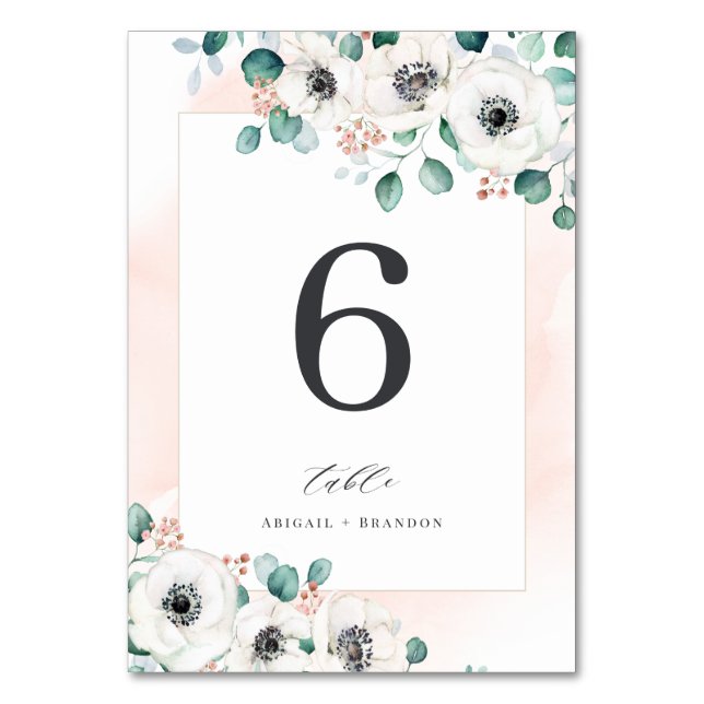 Eucalyptus greenery anemone floral wedding  table number (Front)