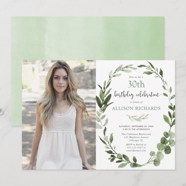 Eucalyptus greenery any age adult birthday photo invitation (Front/Back)