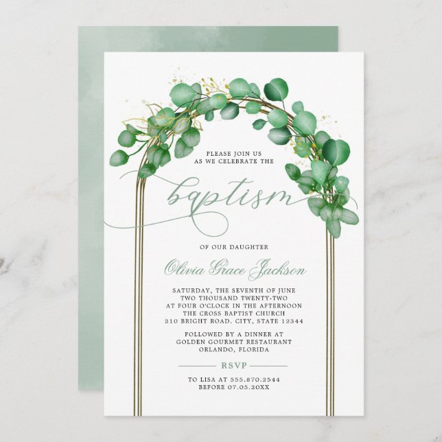 Eucalyptus Greenery Arch Baptism Invitation (Front/Back)