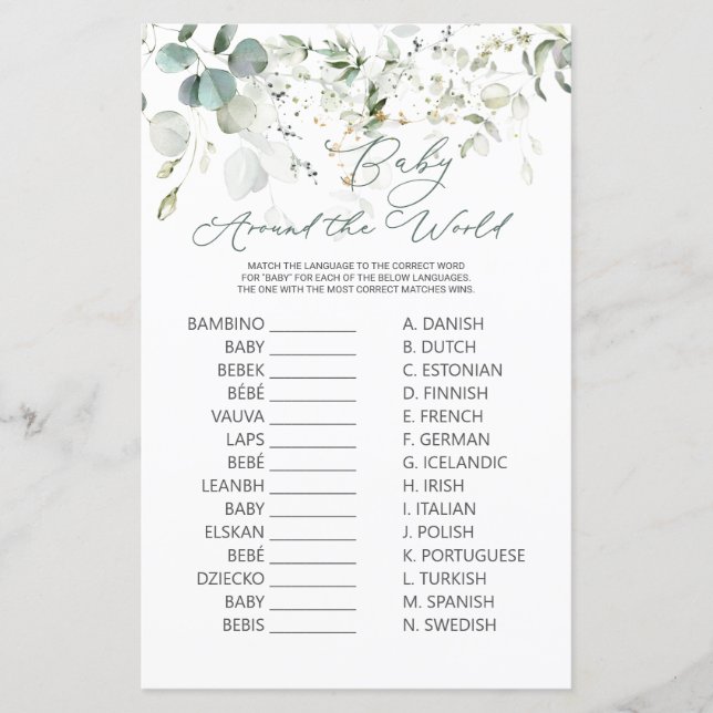 Eucalyptus Greenery Baby Around the World Game (Front)