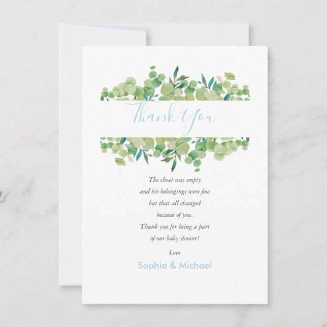 Eucalyptus Greenery Baby Boy Shower Thank You Poem Card (Front)