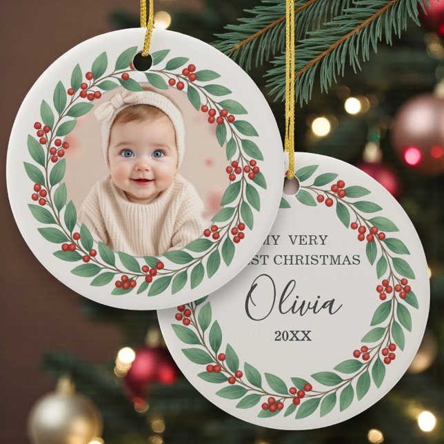 Eucalyptus Greenery Baby First Christmas Photo Ceramic Ornament (Creator Uploaded)