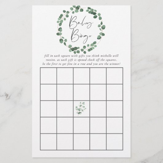 Eucalyptus Greenery Baby Shower Bingo (Front)