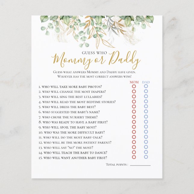 Eucalyptus Greenery Baby Shower Game (Front)