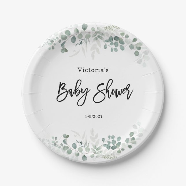 Eucalyptus Greenery  Baby Shower Paper Plates (Front)