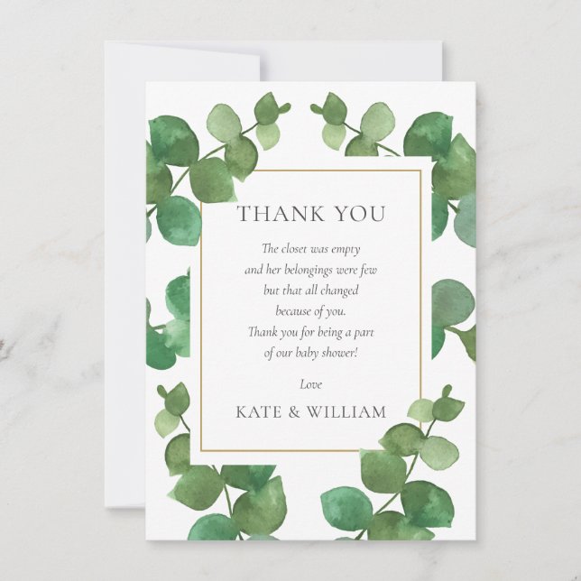 Eucalyptus Greenery Baby Shower Poem Thank You Card (Front)