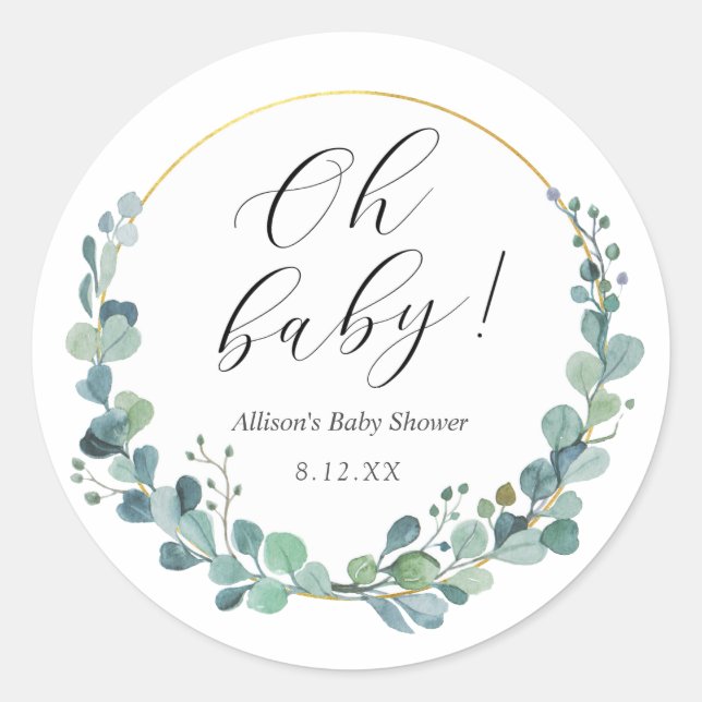 Eucalyptus Greenery Baby Shower Round Sticker (Front)