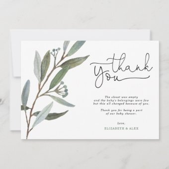 Eucalyptus Greenery Baby Shower Thank You Card | Zazzle