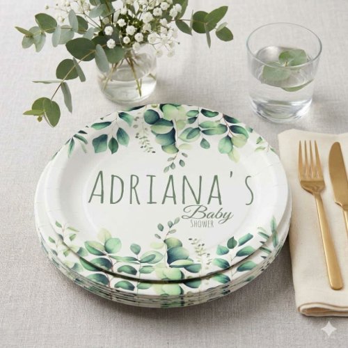 Eucalyptus Greenery Baby Shower Thank You Card Paper Plates