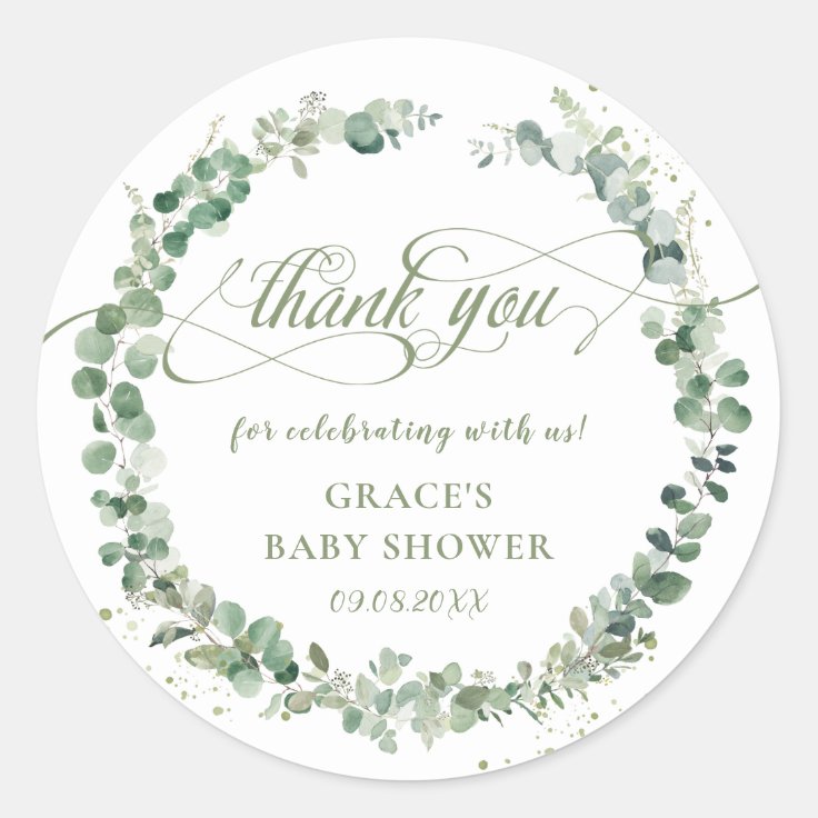 Eucalyptus Greenery Baby Shower Thank You Favor Classic Round Sticker ...