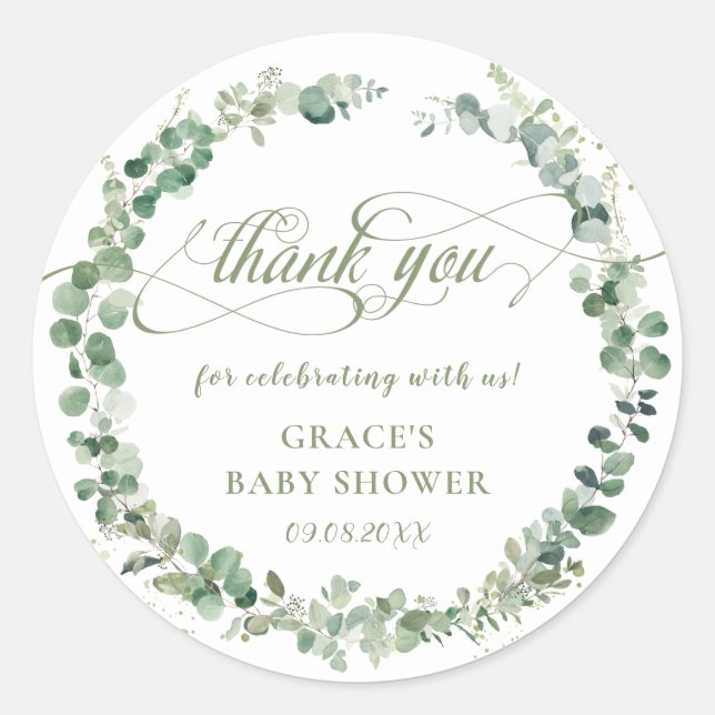 Eucalyptus Greenery Baby Shower Thank You Favor Classic Round Sticker (Front)