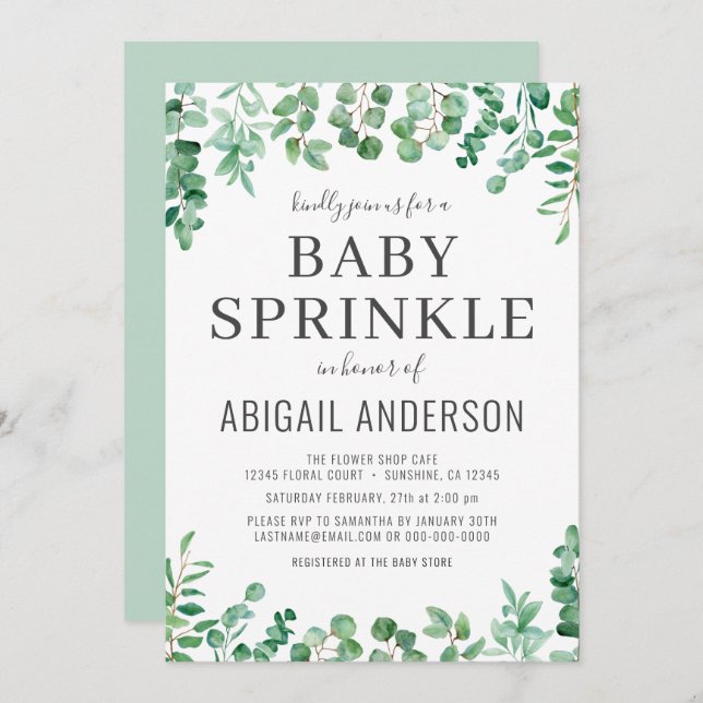 Eucalyptus Greenery Baby Sprinkle Modern  Invitation (Front/Back)