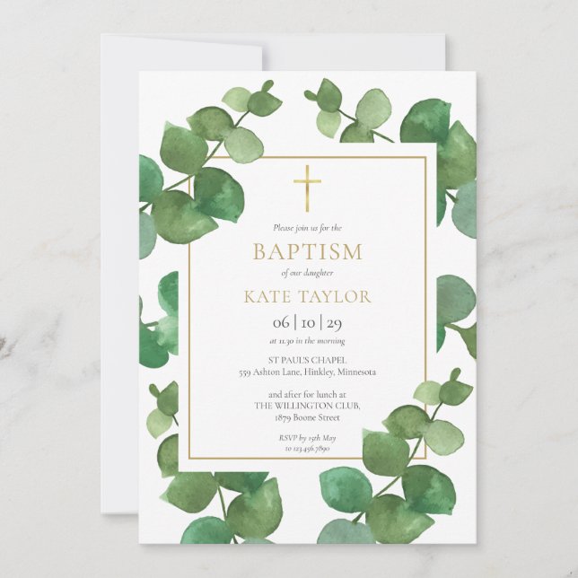 Eucalyptus Greenery Baptism Christening Invitation (Front)