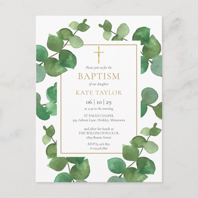Eucalyptus Greenery Baptism Christening Invitation (Front)