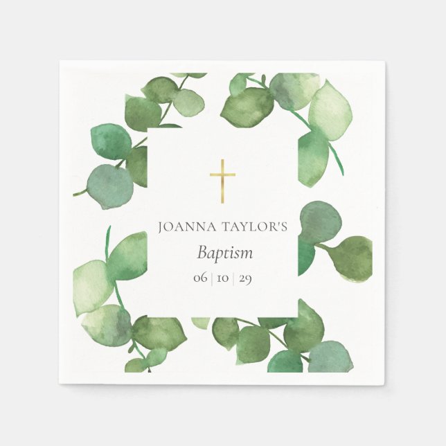 Eucalyptus Greenery Baptism Christening Napkins (Front)