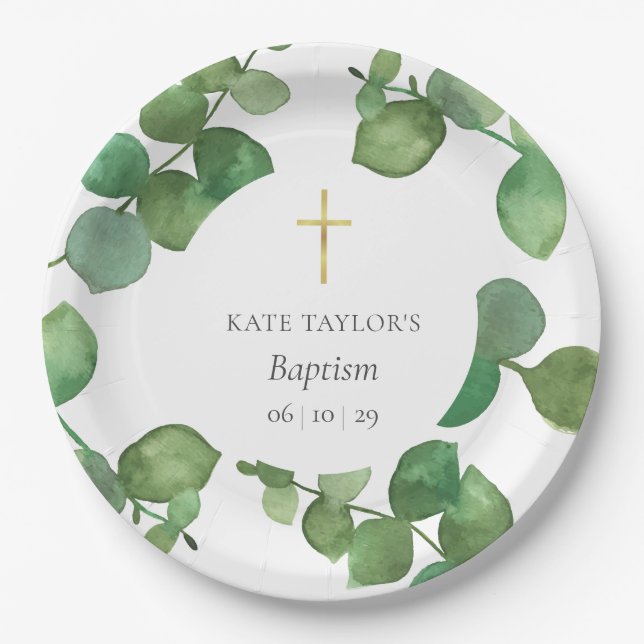 Eucalyptus Greenery Baptism Christening Paper Plates (Front)
