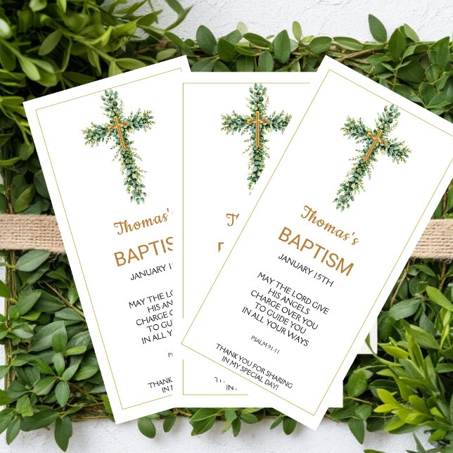 Eucalyptus Greenery Baptism Favor Bookmak Thank You Card (Creator Uploaded)
