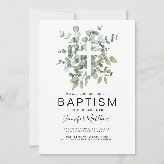 Eucalyptus Greenery Baptism Invitation (Front)