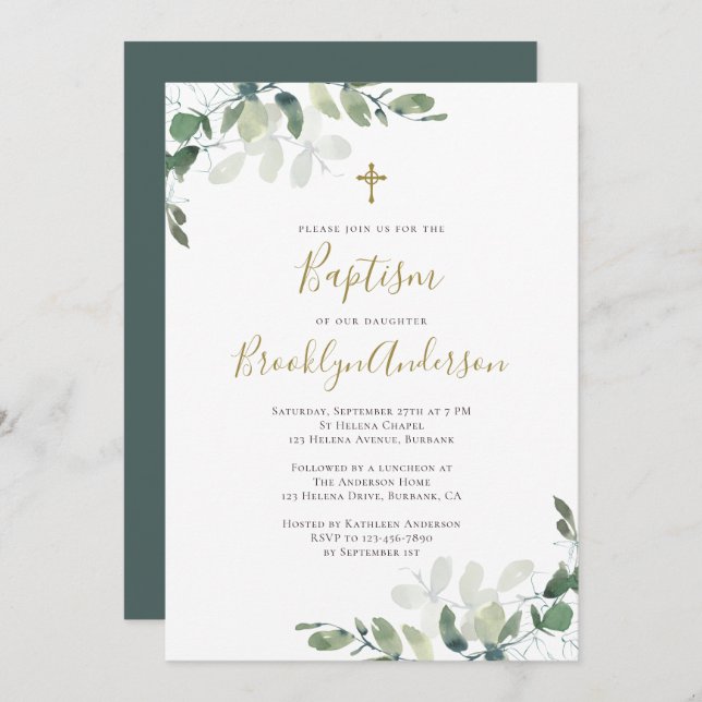 Eucalyptus Greenery Baptism Invitation (Front/Back)
