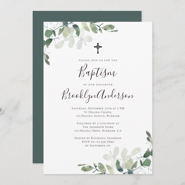 Eucalyptus Greenery Baptism Invitation | Zazzle