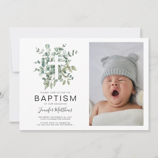 Eucalyptus Greenery Baptism Photo Invitation (Front)