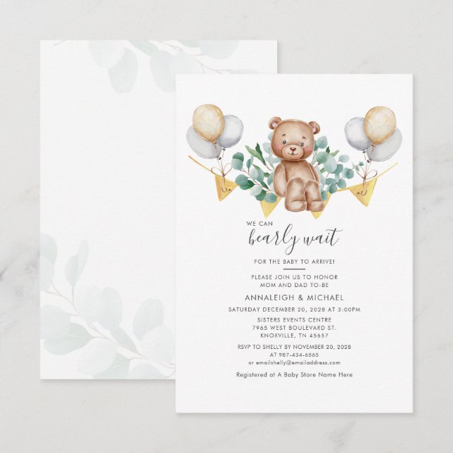 Eucalyptus Greenery Bear Couples Baby Shower Invitation (Front/Back)