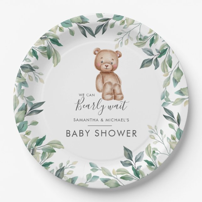 Eucalyptus Greenery Bear Couples Baby Shower Paper Plates (Front)