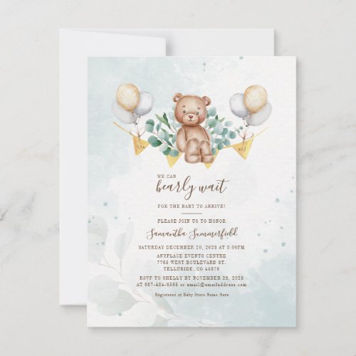 Eucalyptus Greenery Bear Watercolor Baby Shower Invitation