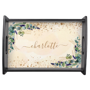 Eucalyptus greenery beige gold name serving tray