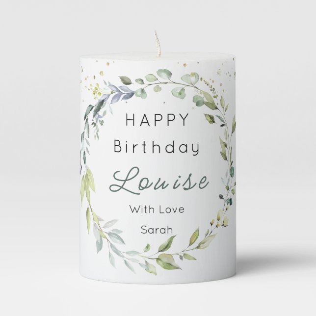 Eucalyptus Greenery Birthday Gift Pillar Candle (Front)