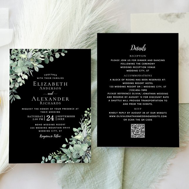 Eucalyptus Greenery Black All In One Wedding Invitation (Creator Uploaded)