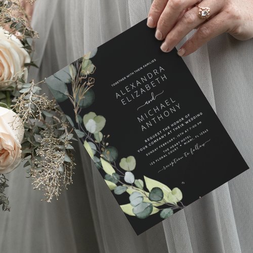 Eucalyptus Greenery Black Wedding Invitations