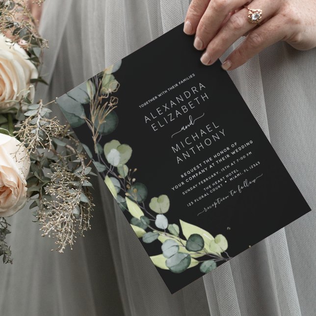 Eucalyptus Greenery Black Wedding Invitations (Creator Uploaded)