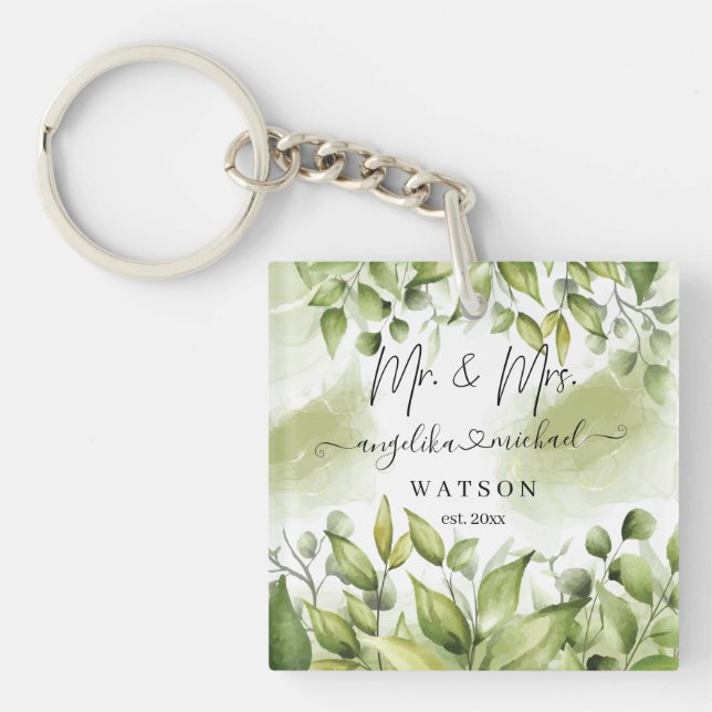 Eucalyptus Greenery Blush Modern Trendy Script Keychain (Front)