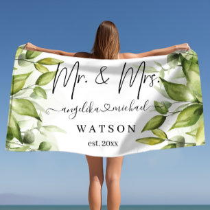 Eucalyptus Greenery Blush Modern Trendy Script Mr. Beach Towel