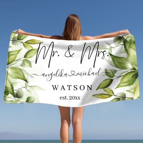 Eucalyptus Greenery Blush Modern Trendy Script Mr Beach Towel