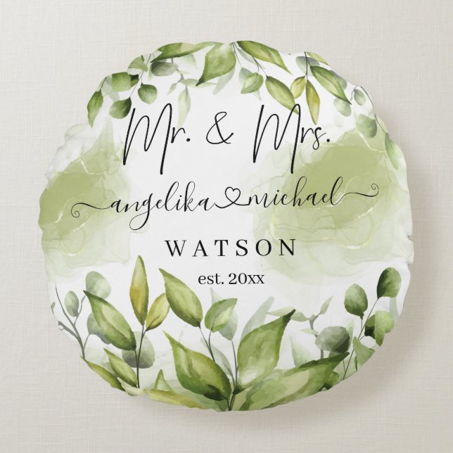 Eucalyptus Greenery Blush Modern Trendy Script Round Pillow (Front)