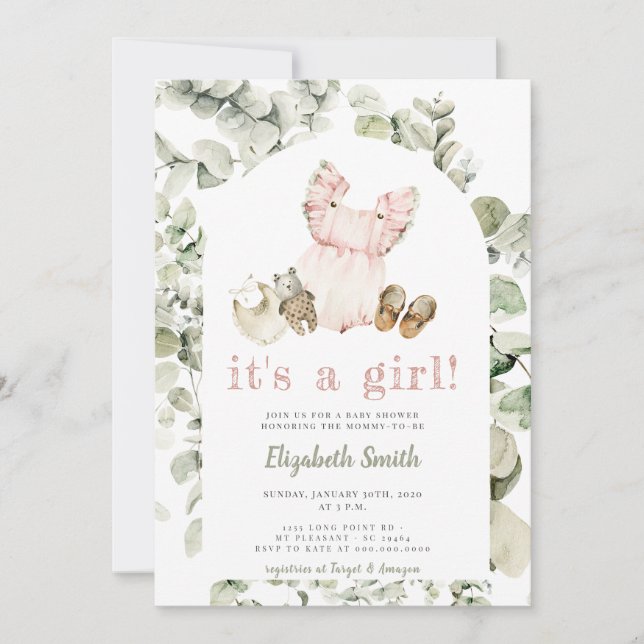Eucalyptus Greenery Boho It's a Girl Baby Shower Invitation (Front)