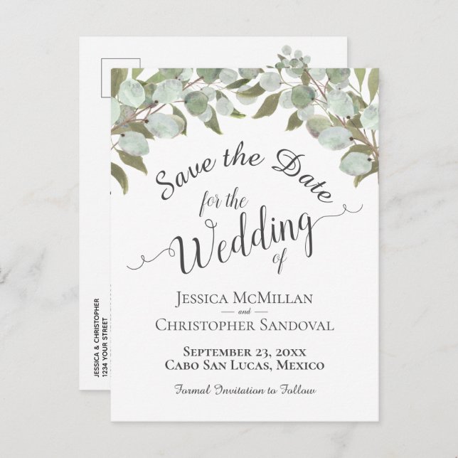 Eucalyptus & Greenery Boho Wedding Save the Date Announcement Postcard (Front/Back)